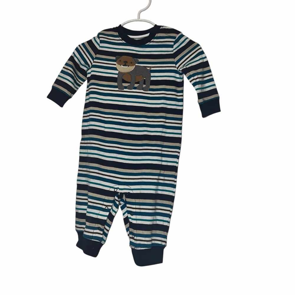 Gymboree outlet dog appliqué Striped Blue and White romper One Piece 3-6m nwt
